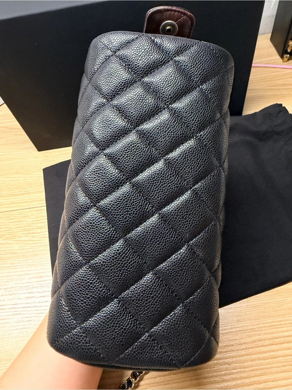 Chanel Black Quilted Caviar Toiletry Case With Chain